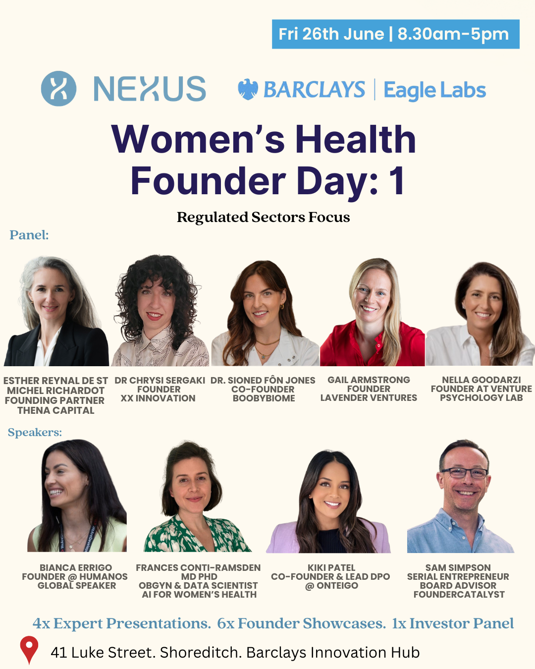 Women's Health Founder Day 1 — Regulated Sectors Focus poster with panel and speaker line-up