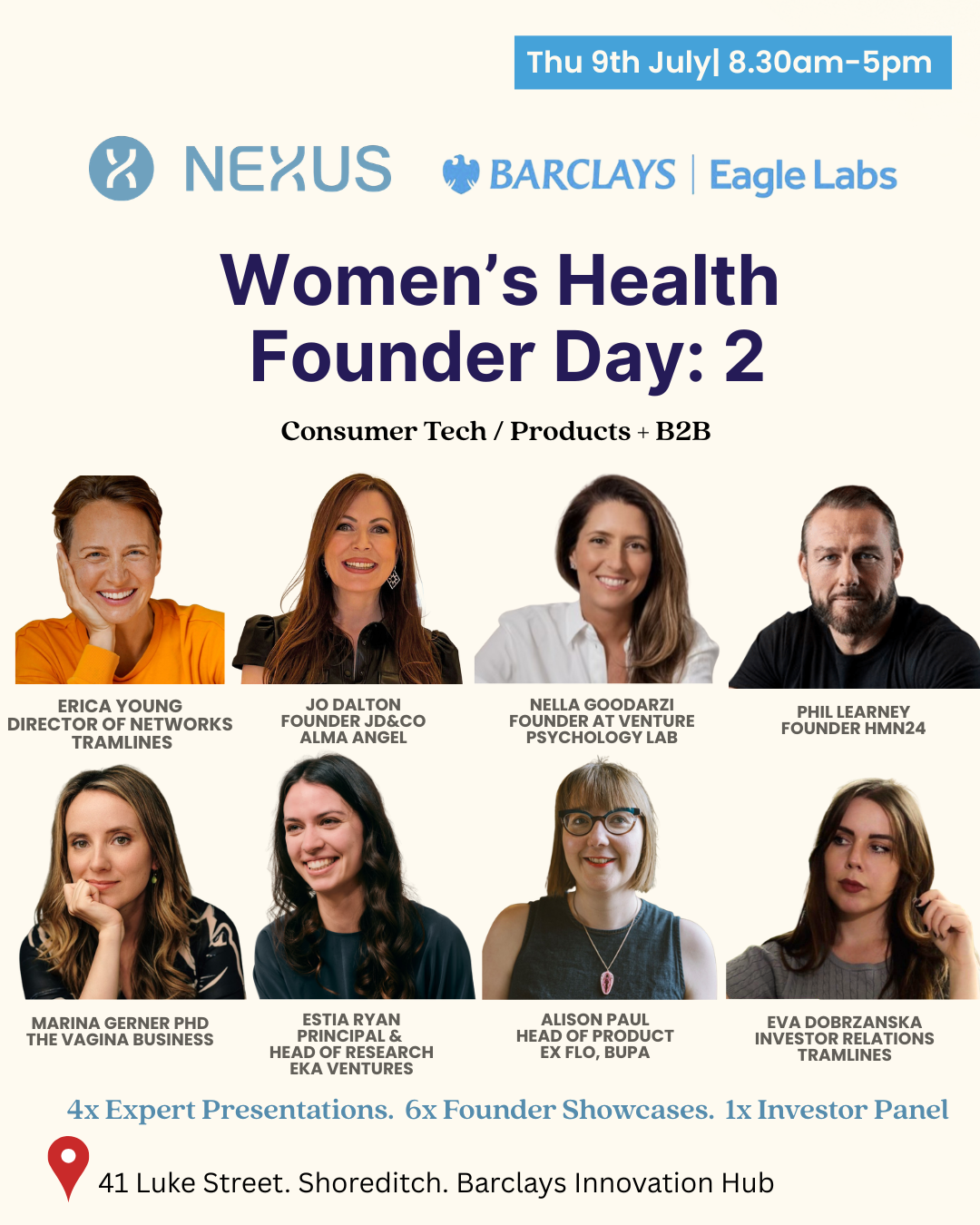 Women's Health Founder Day 2 — Consumer Tech / Products + B2B poster with speaker line-up