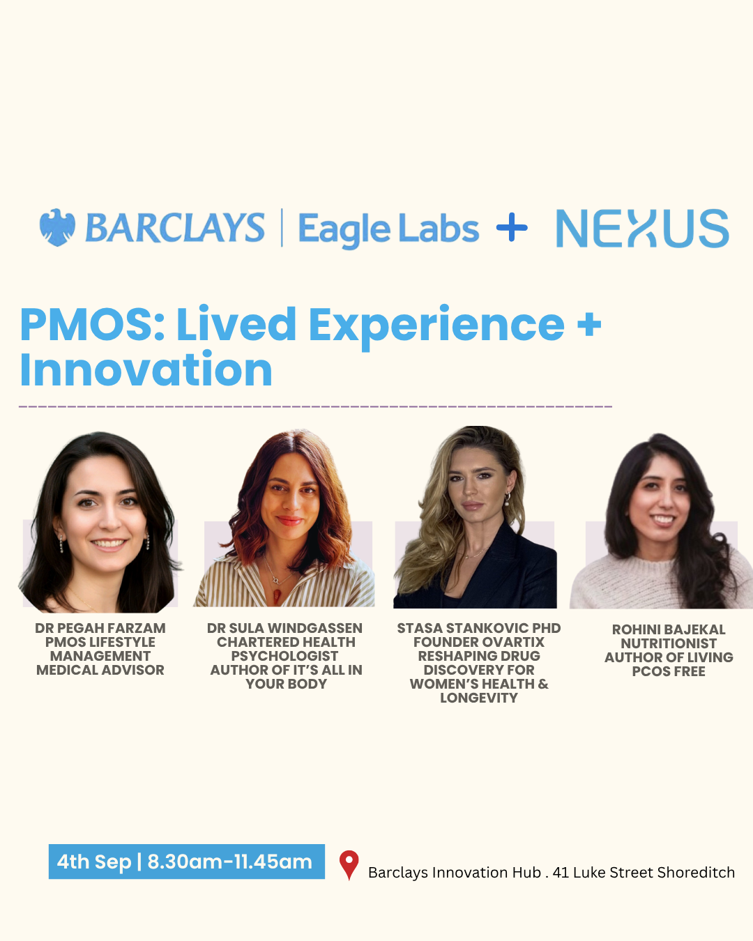 PMOS: Lived Experience + Innovation event poster — Barclays Eagle Labs + Nexus, 4th September